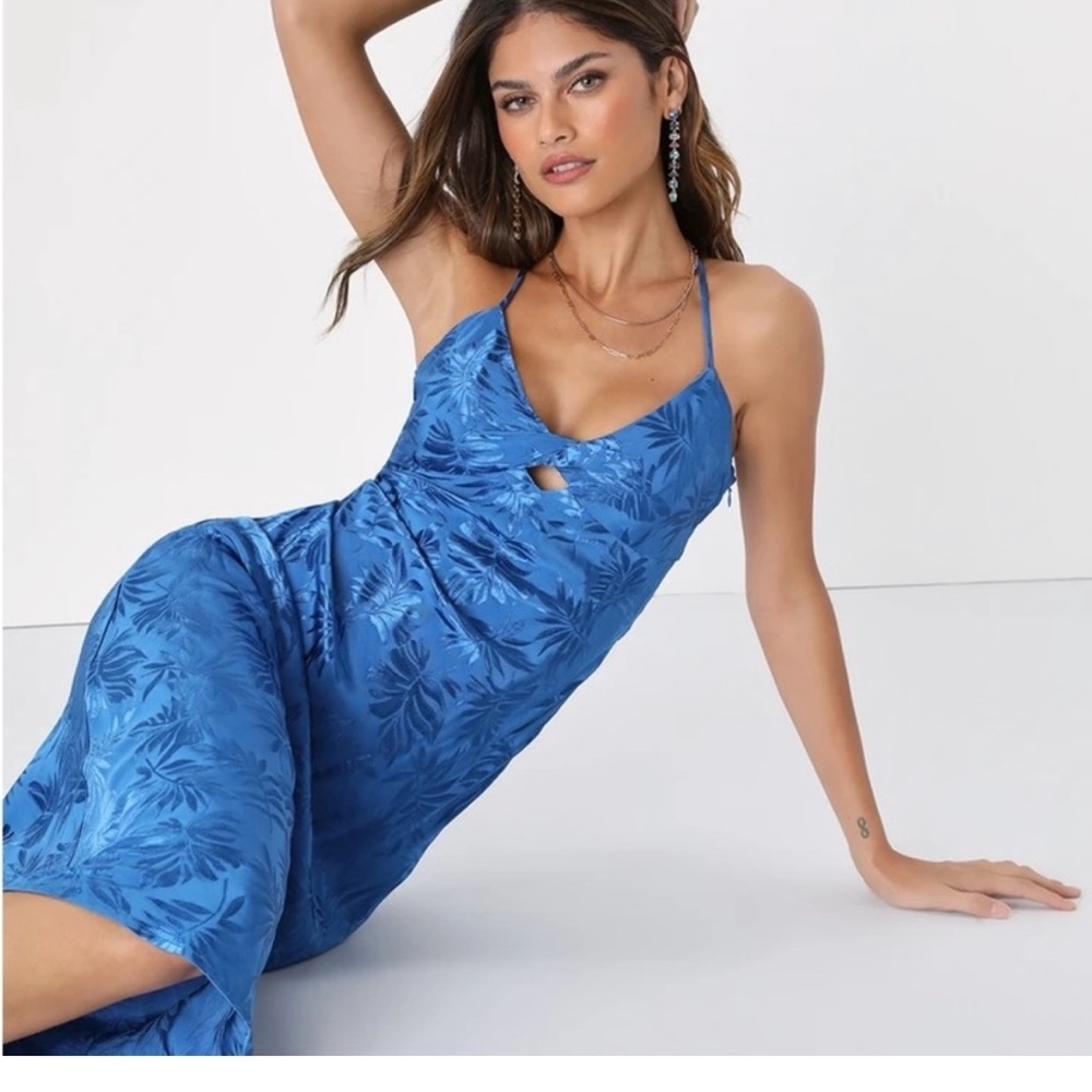 Blue Floral Satin Dress
